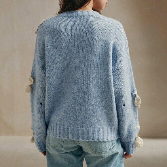 Blue Casual Women's Hand Crochet 3d Floral Decor Soft Round Neck Knitted Sweater - Picture 4 of 8